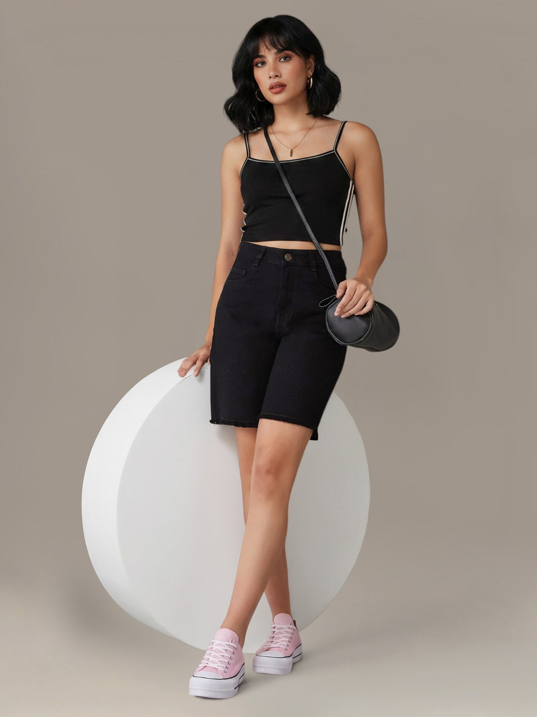 Black Regular High Rise Above Knee Stretchable Denim Shorts for Women