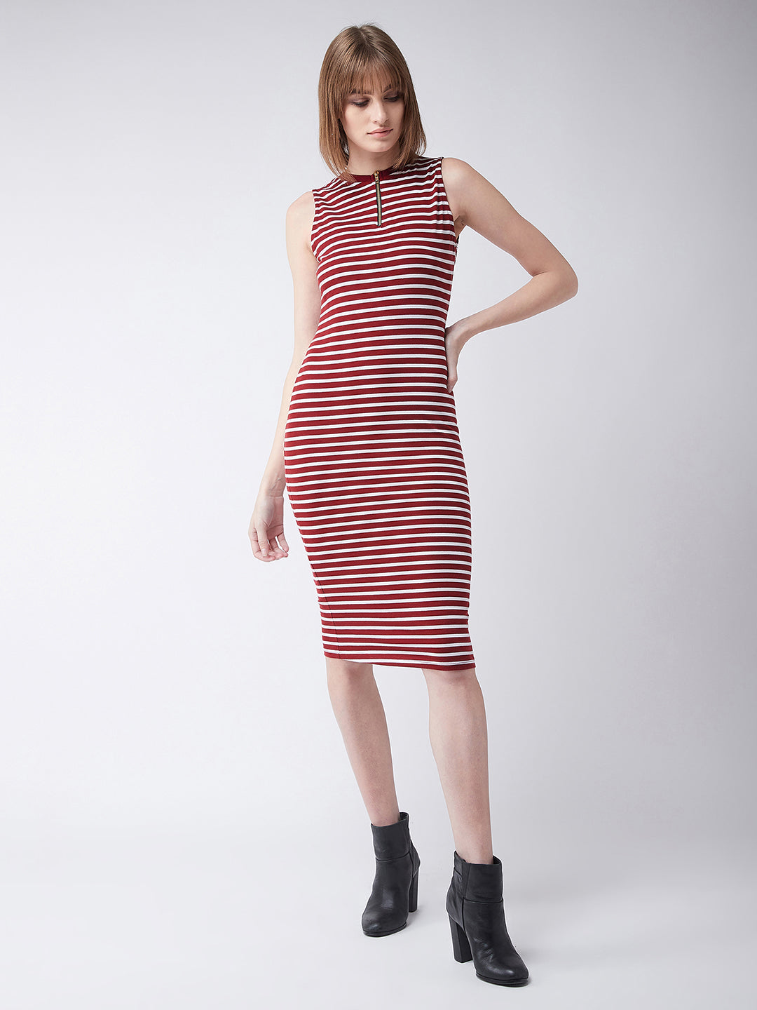 Women's Maroon and White Round Neck Sleeveless Striped Bodycon Dress