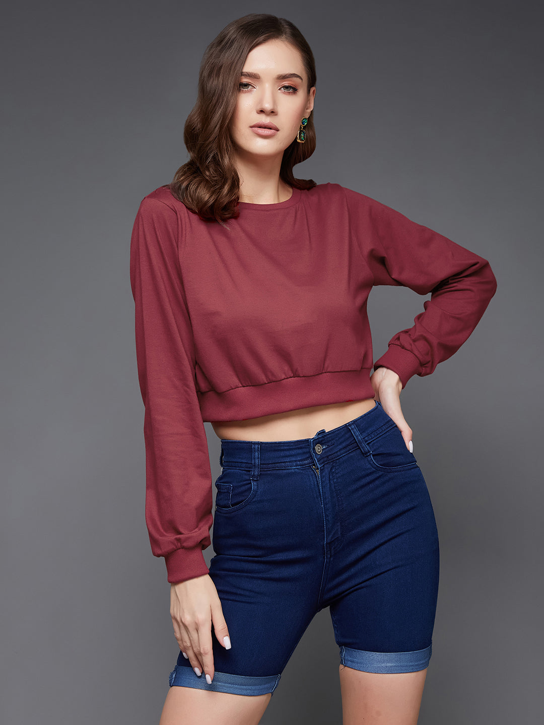 Women's Maroon Round Neck Full Sleeves Solid Crop Top