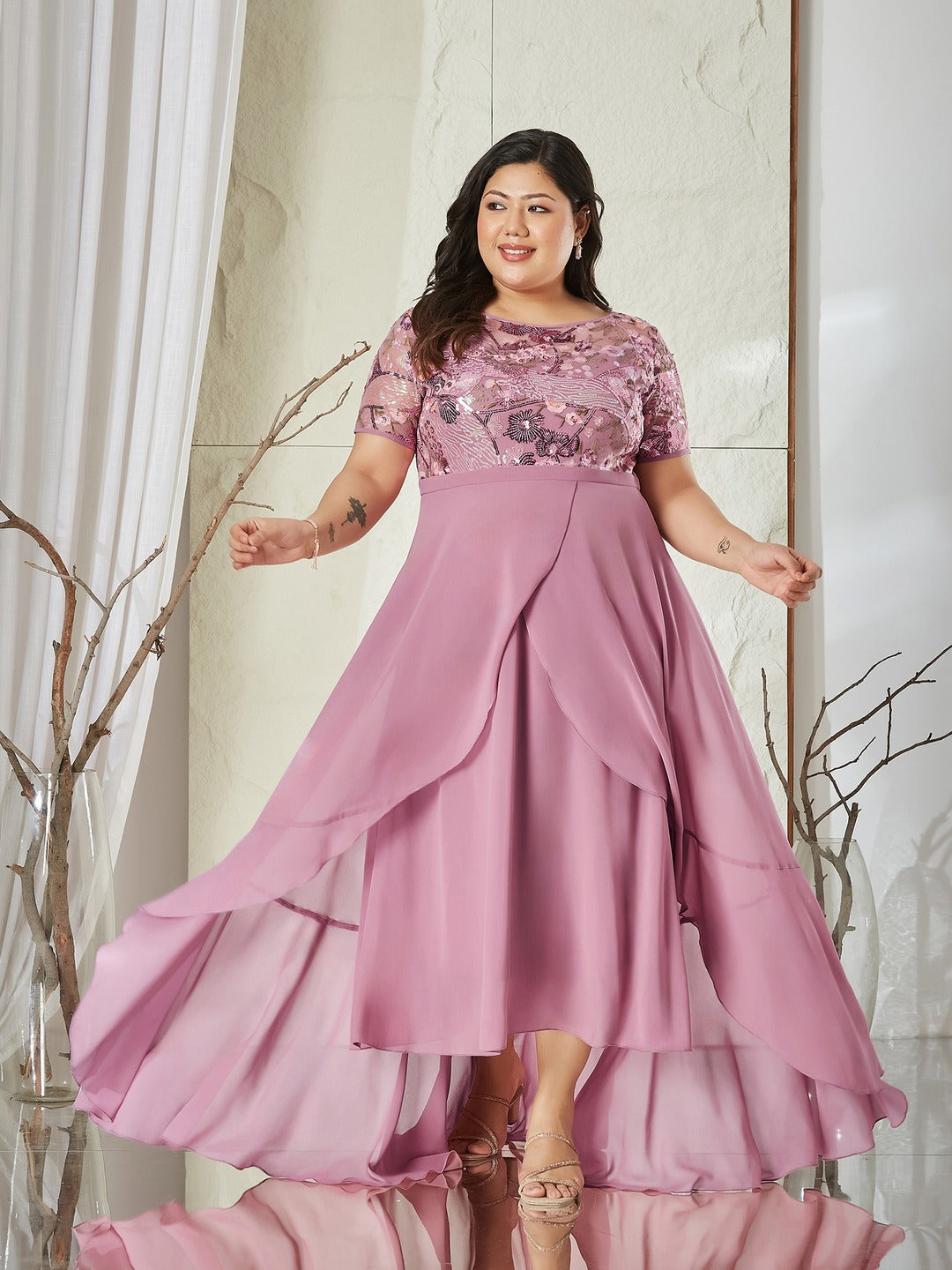 Dusty Lavender Round Neck Short Sleeve Floral Layered Georgette Midi Dress for Women