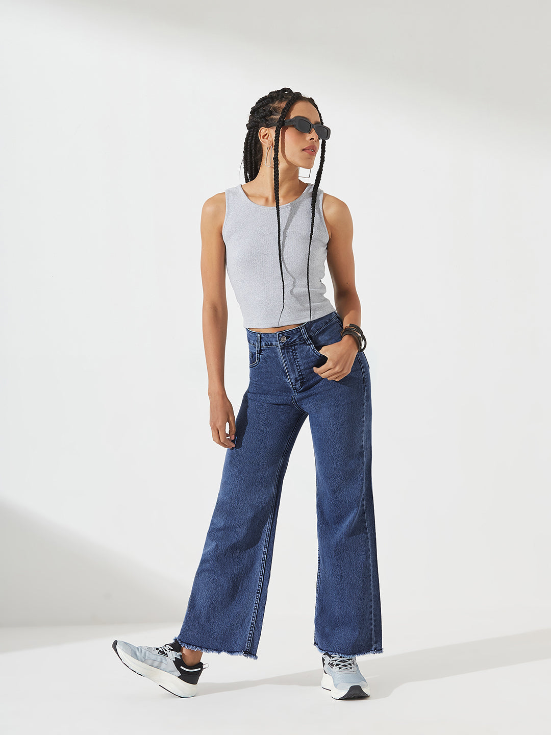 Navy-Blue Wide-Leg High-Rise Stretchable Denim Jeans for Women