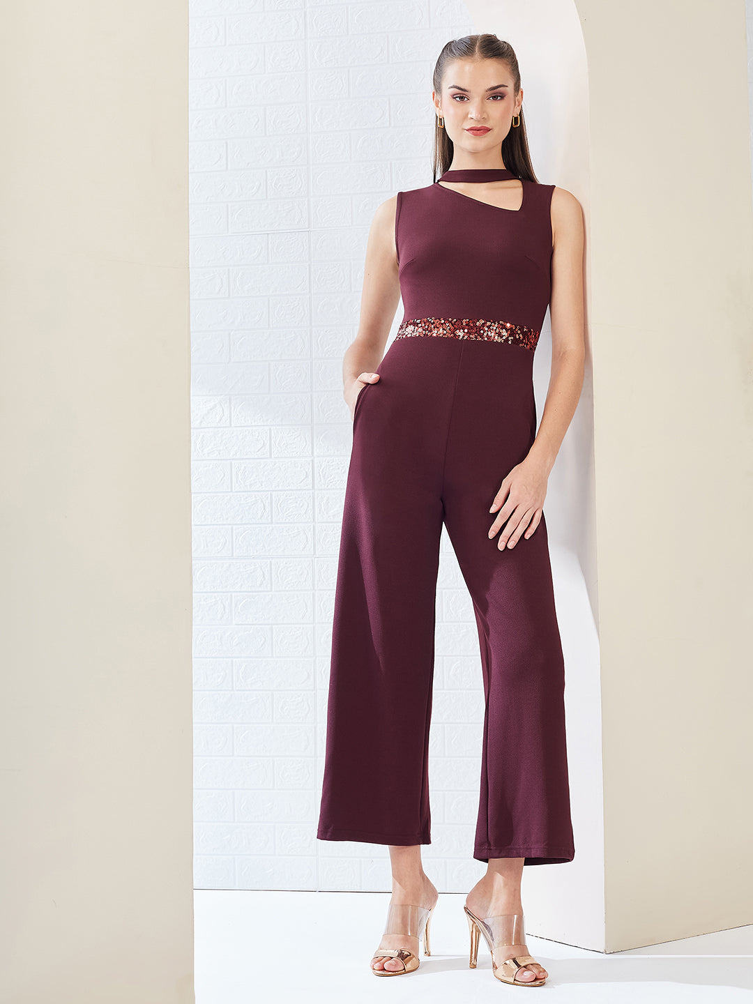 Wine Collared Sleeveless Solid Asymmetric Neck Cut-Out Regular Length Jumpsuit for Women