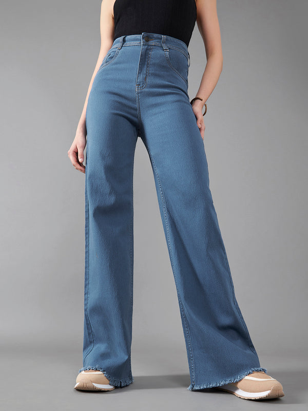 24/7 Comfort Women's Mid Blue Wide Leg High Rise Stretchable Denim Jeans