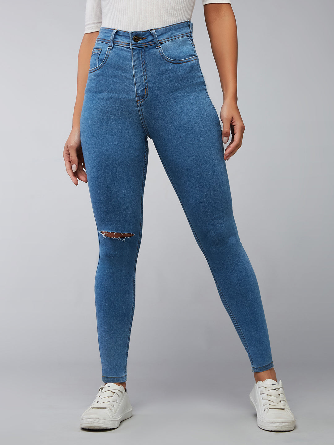 24/7 Comfort Mid-Blue Skinny-Fit High-Rise Distressed Denim Jeans for Women