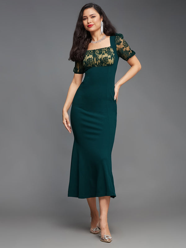 Women's Dark Green Square Puff Sleeve Solid Lace Overlaid Ankle Length Dress