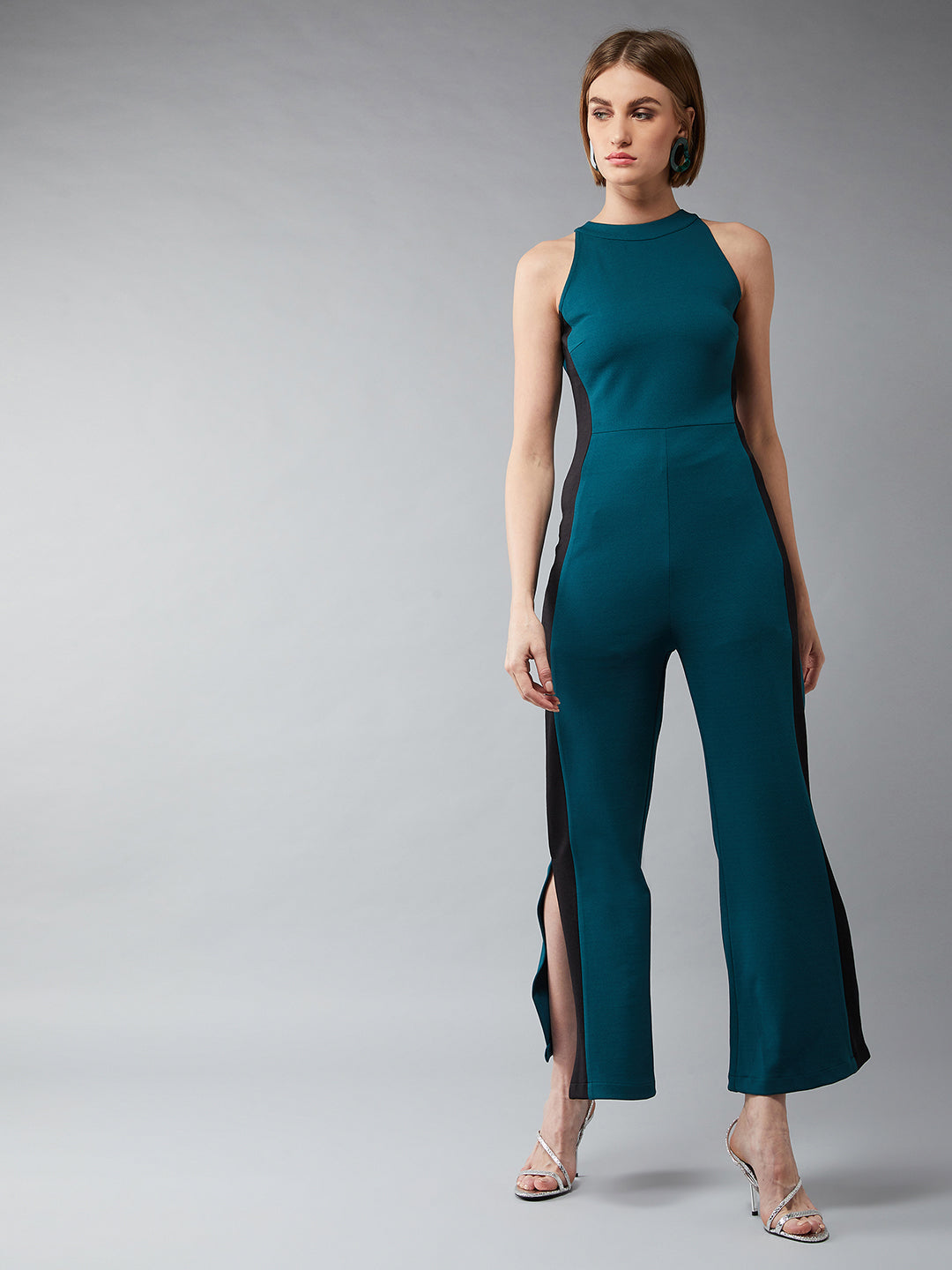 Women's Forest Green & Black Halter Neck Sleeveless Solid Flared Jumpsuit