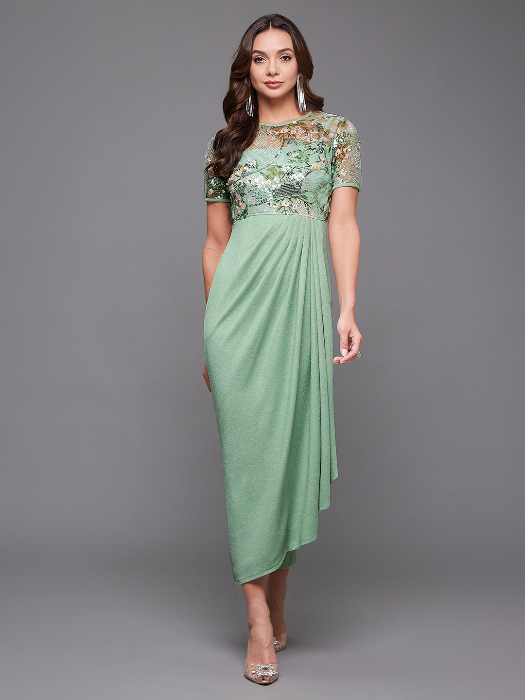 Women's Mint Round-Neck Half-Sleeve Embroidered Draped Polyester Midi Dress