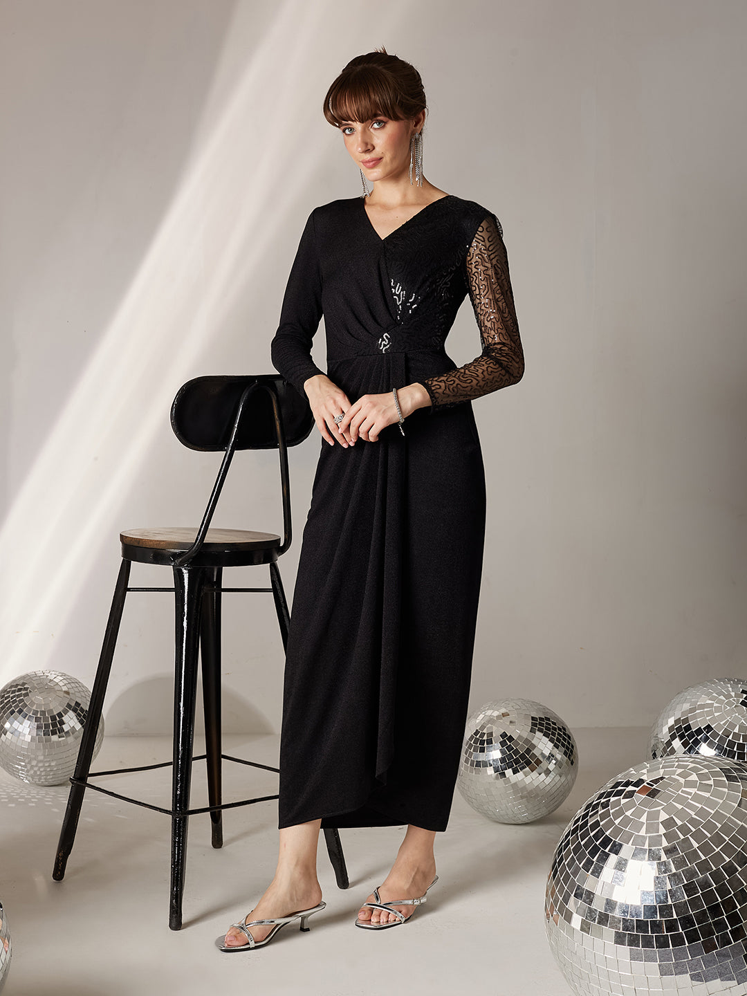 Women's Black V-Neck Full Sleeve Embellished Pleated Longline Dress