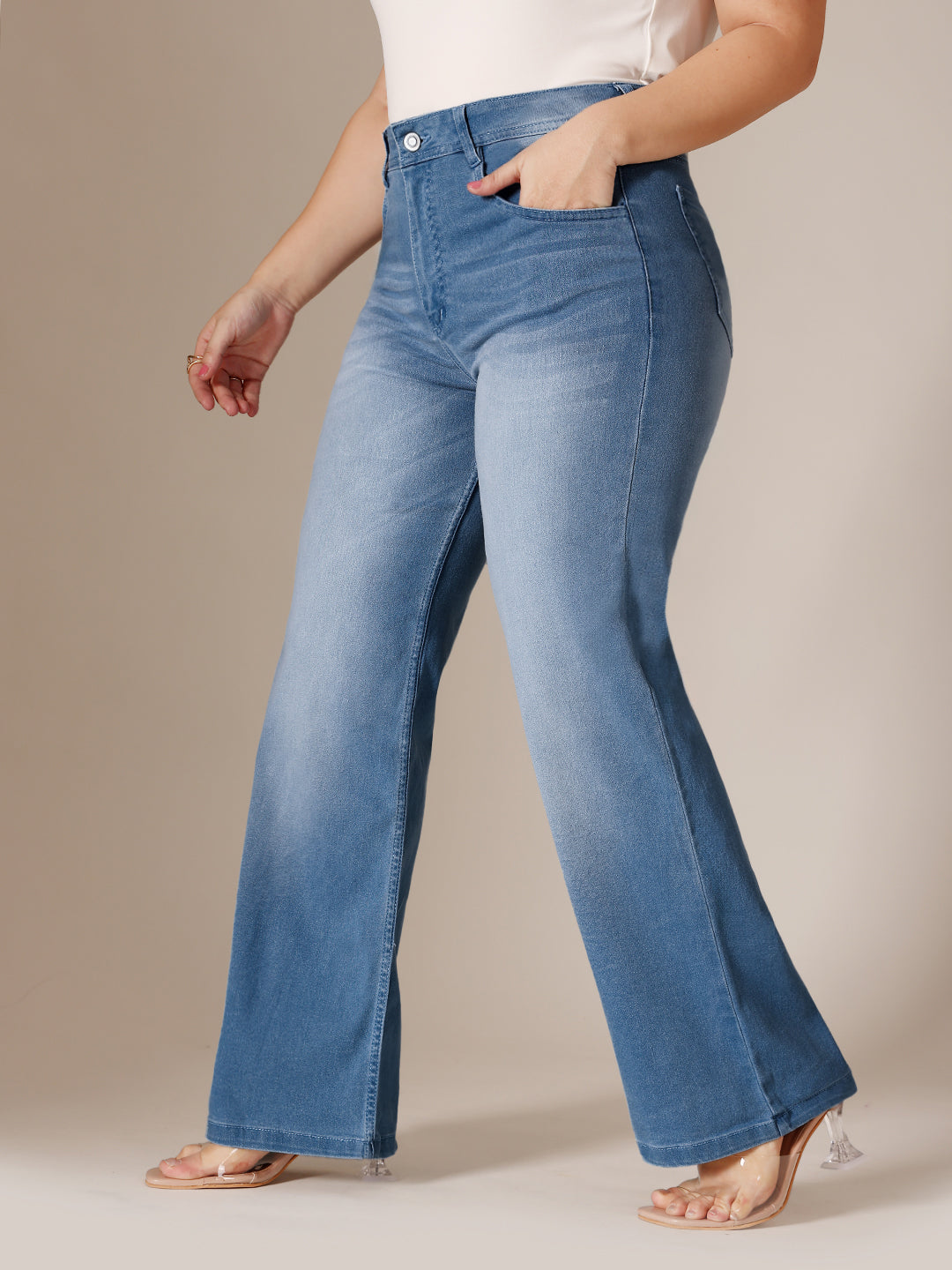 24/7 Comfort Light Blue Wide-Leg Mid Rise Clean Look Regular Length Blast Effect Denim Jeans for Women