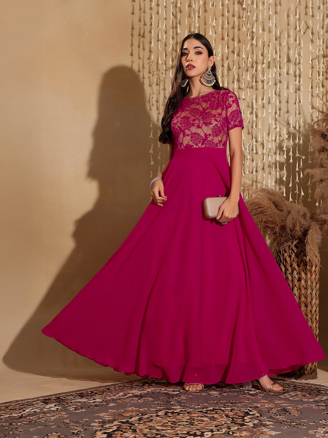 Women's Dark Pink Round Neck Half Sleeve Self-Designed Fit & Flare Georgette Maxi Dress