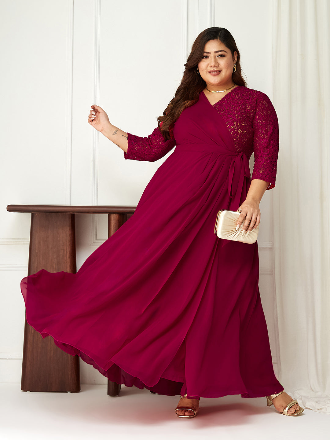 Dark Pink Colored V-Neck Three-Quarter Sleeve Self-Designed Wrap Maxi Georgette Dress for Women