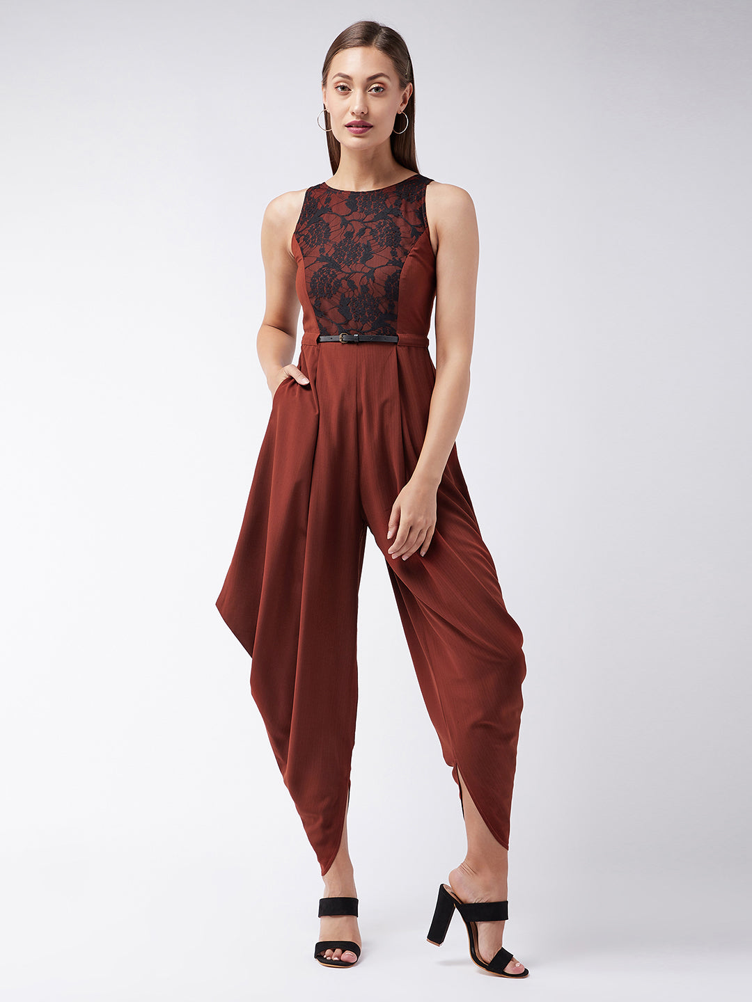 Women's Rust & Black Round neck Sleeveless Solid Draped Dhoti Regular Jumpsuit