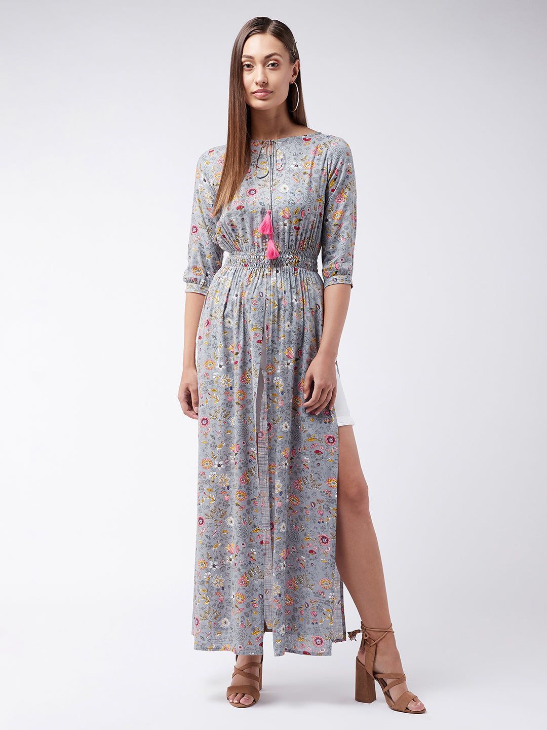Multicolored-Base-Grey Round neck 3/4th Sleeve Floral Elasticated Maxi Top for Women