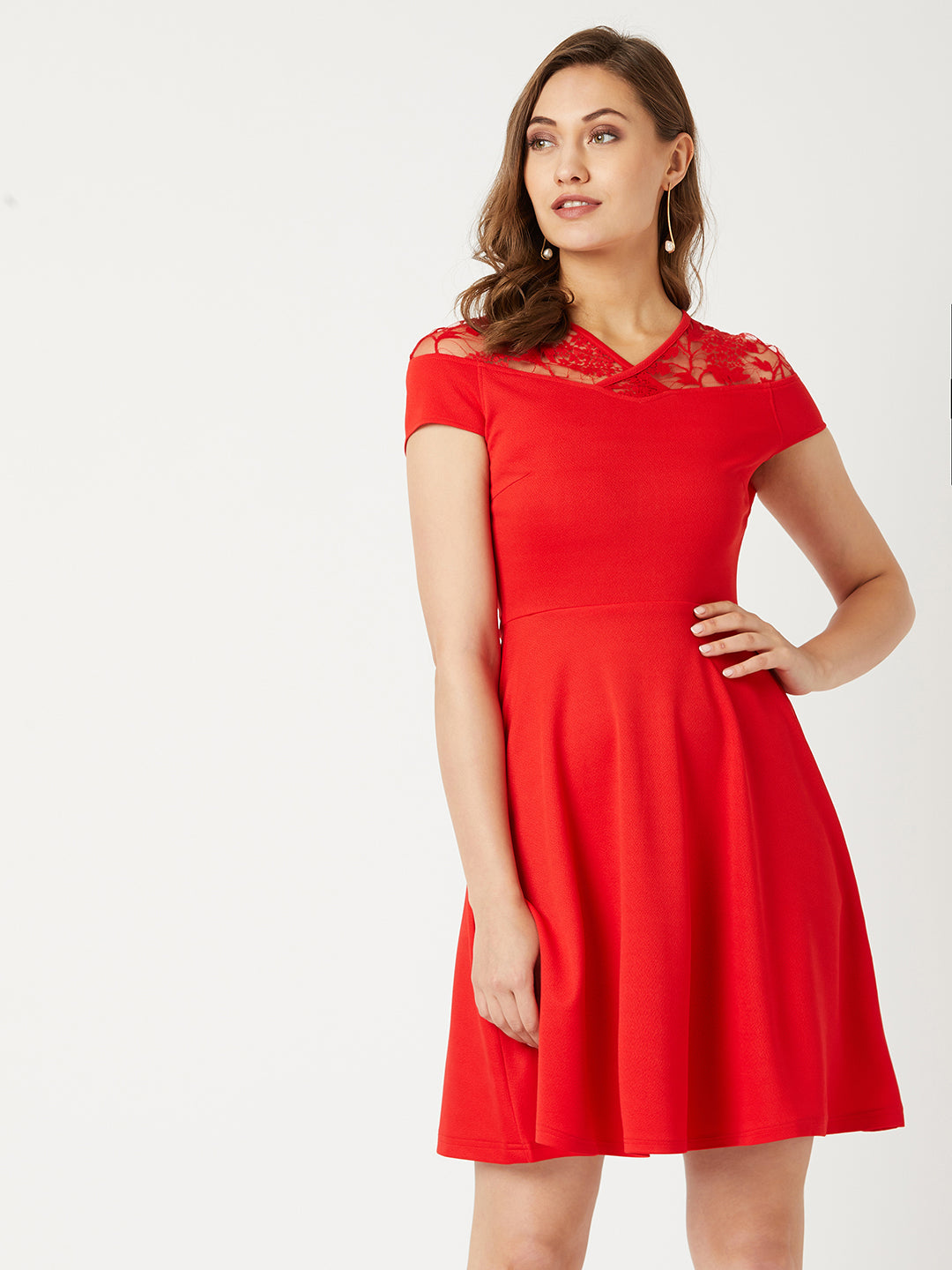 Crease Ease Women's Red V-Neck Cap Sleeves Floral Skater Knee Length Dress