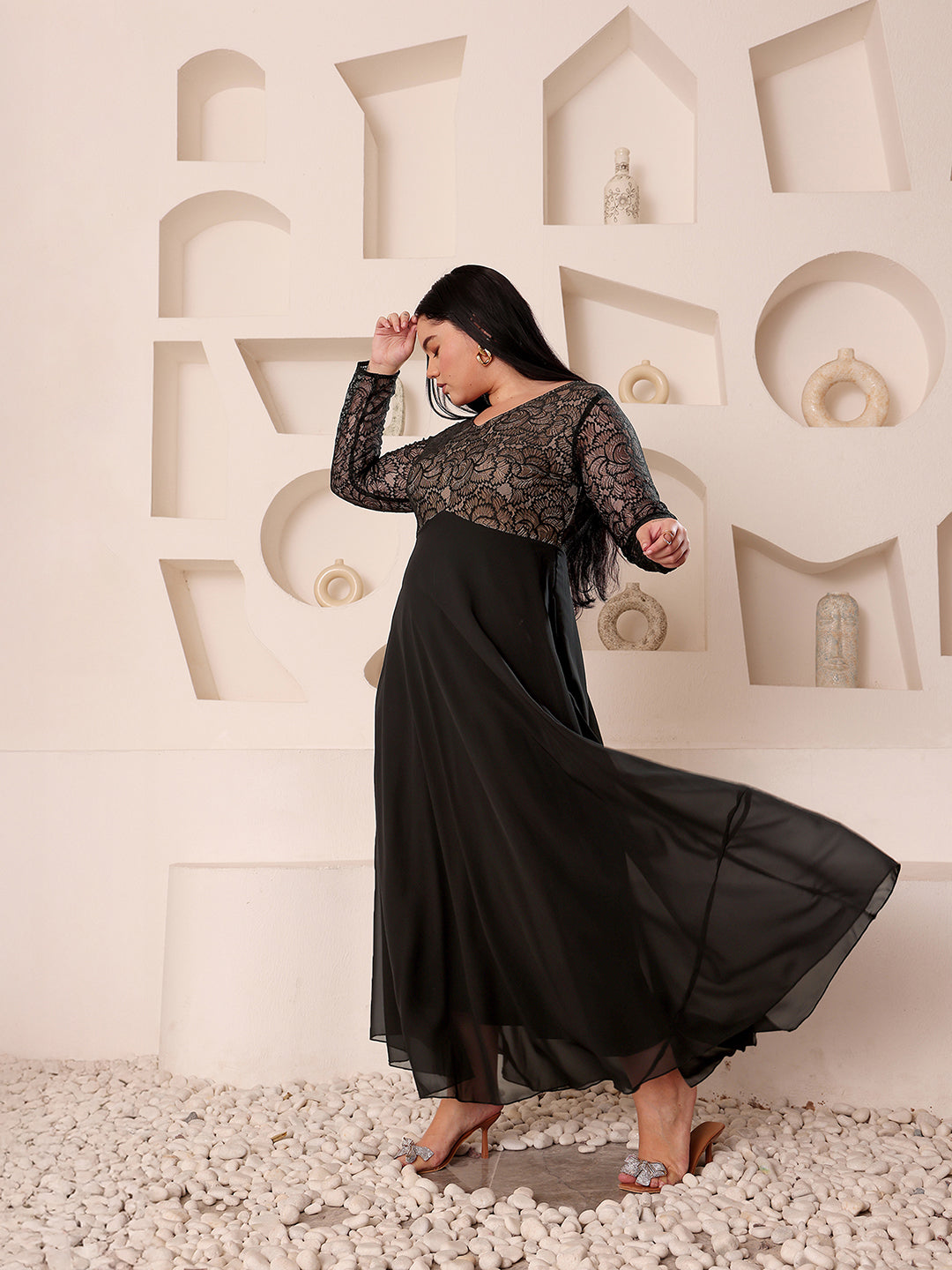 Women's Black V-Neck Full-Sleeves Self-Design Lace-Overlaid Georgette Maxi Dress