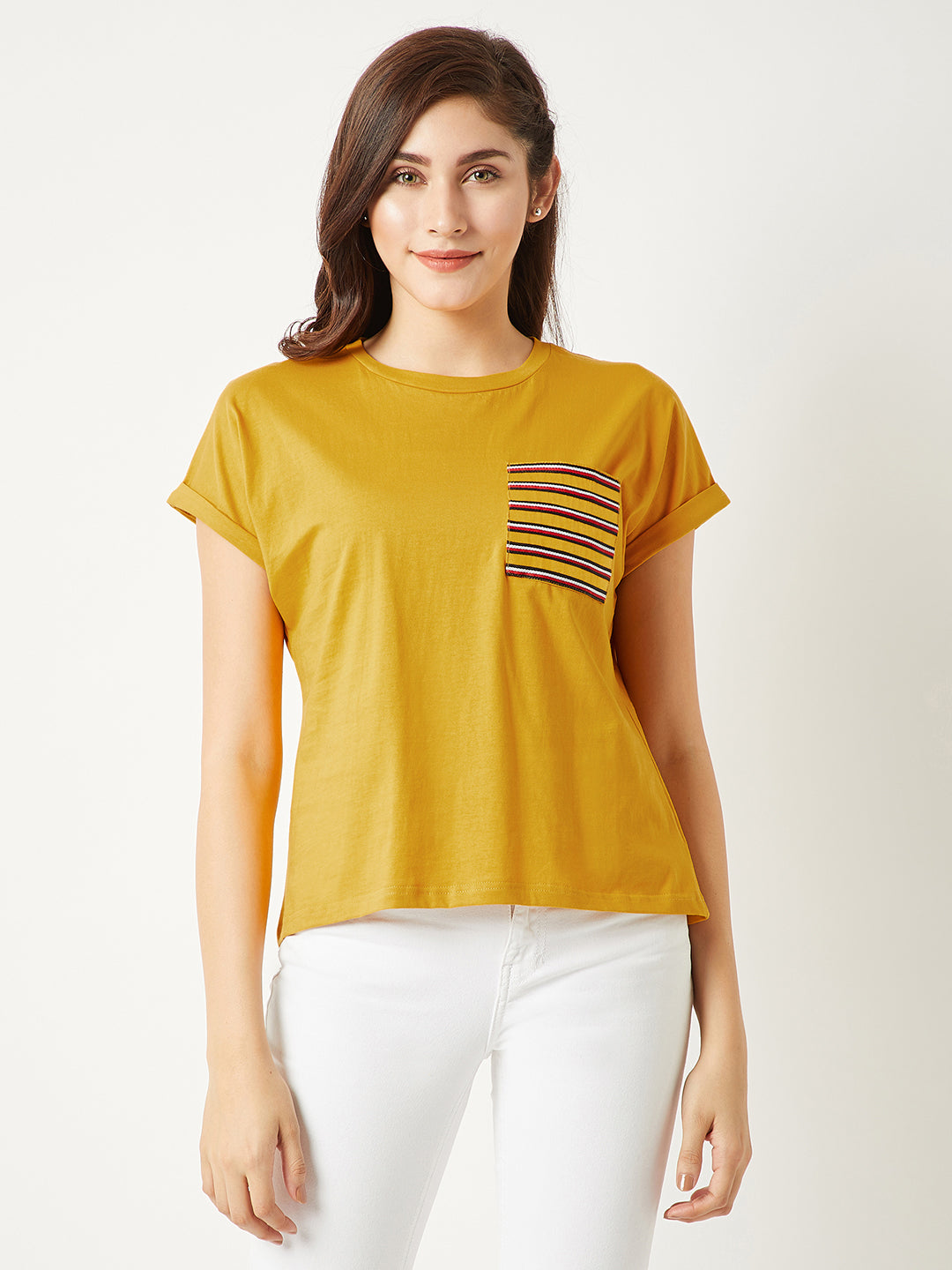 Women's Mustard Yellow Round Neck Continuous Short Sleeve Cotton Solid Twill Pocket T-Shirt