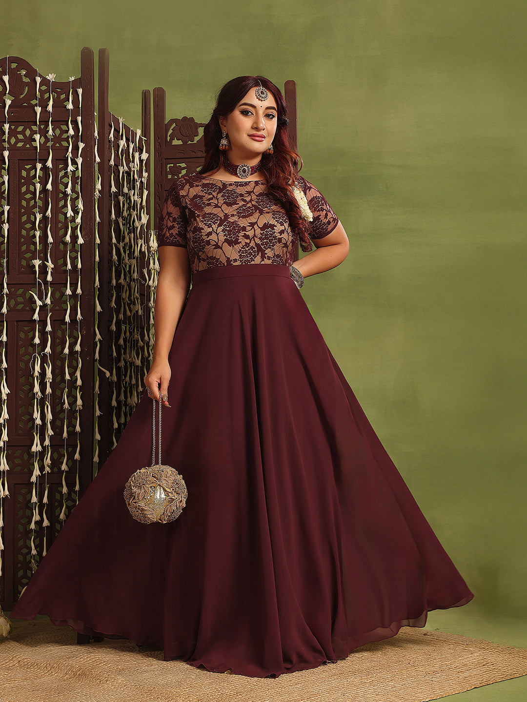 Women's Wine & Beige Relaxed-Fit Georgette Dress