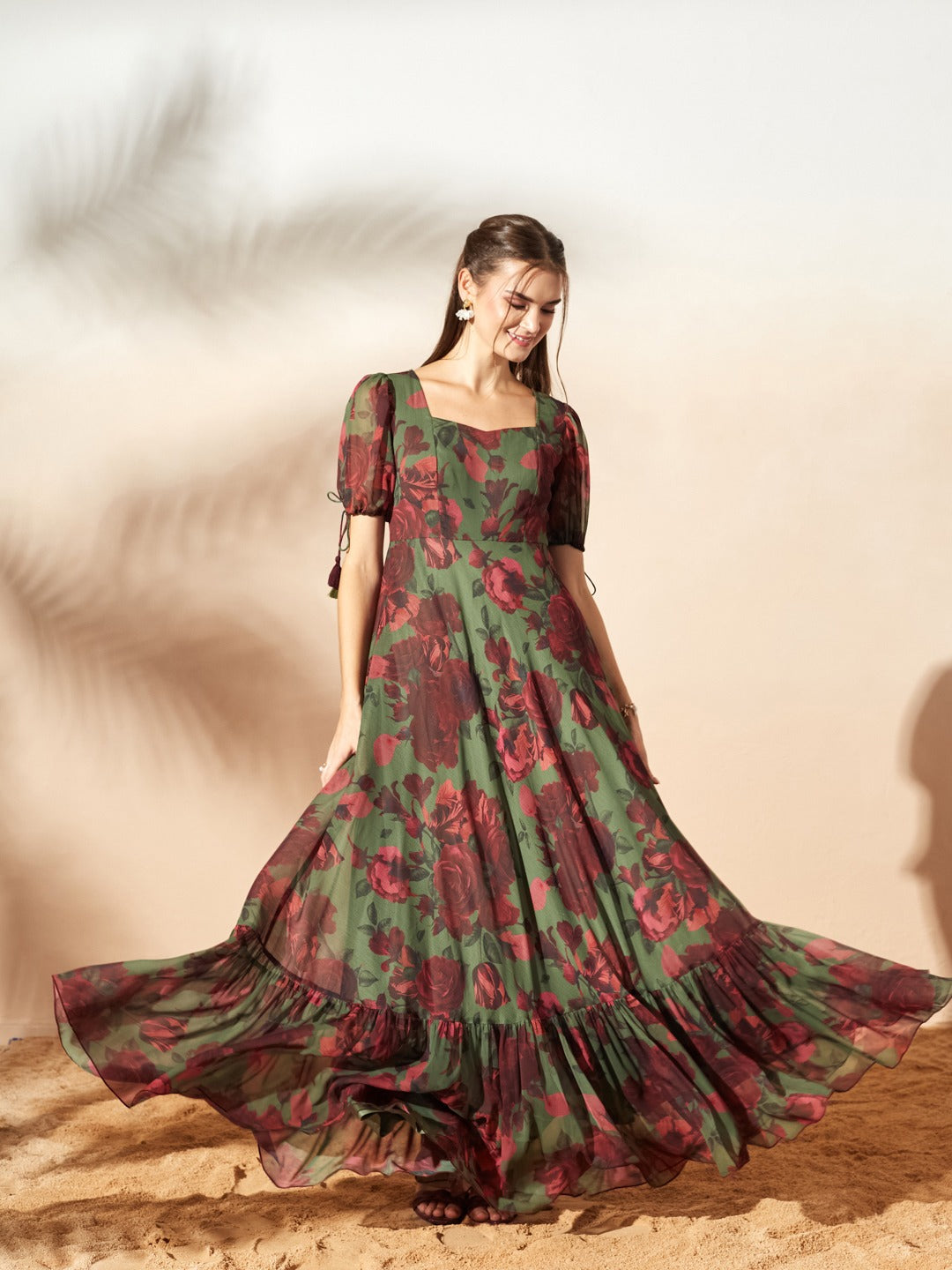 Olive And Wine Sweetheart Neck Puff Sleeve Floral Tiered Maxi Chiffon Dress for Women