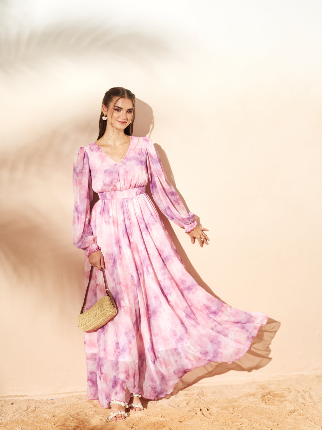 Pink & Lavender Full Sleeves Floral Printed Fit and Flare Dress for Women