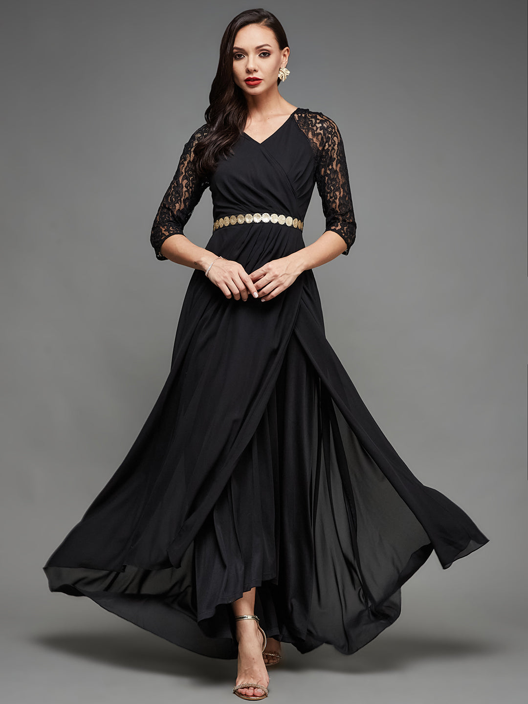 Women's Black V-Neck Raglan Embellished Wrap Maxi Georgette Dress