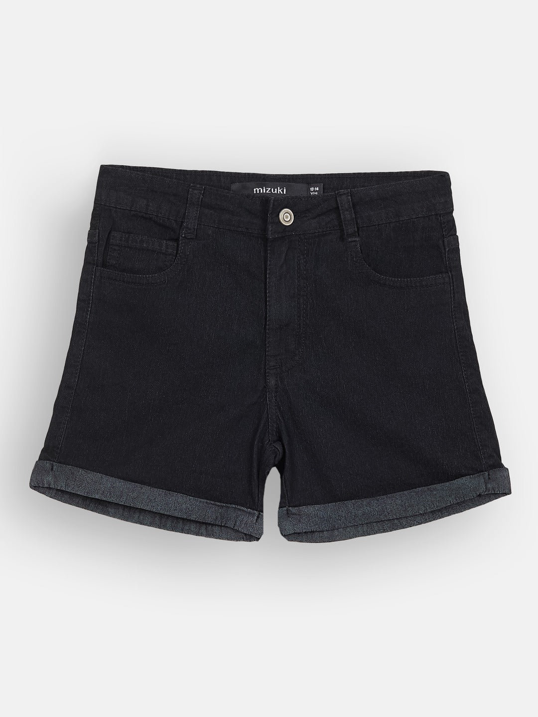Black Relaxed-Fit Mid-Rise Clean-Look Regular-Length Stretchable Denim Shorts for Girls/Teenagers