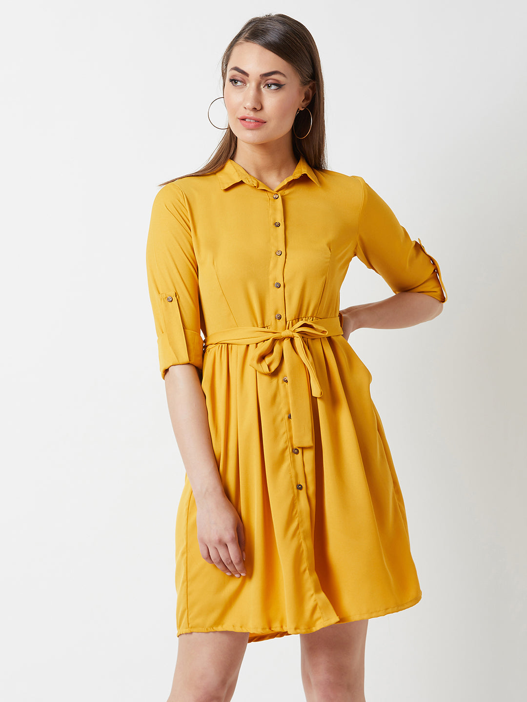 Women's Mustard Collared Round Neck Full Sleeve Solid Belted Buttoned Knee-Long Shirt Dress