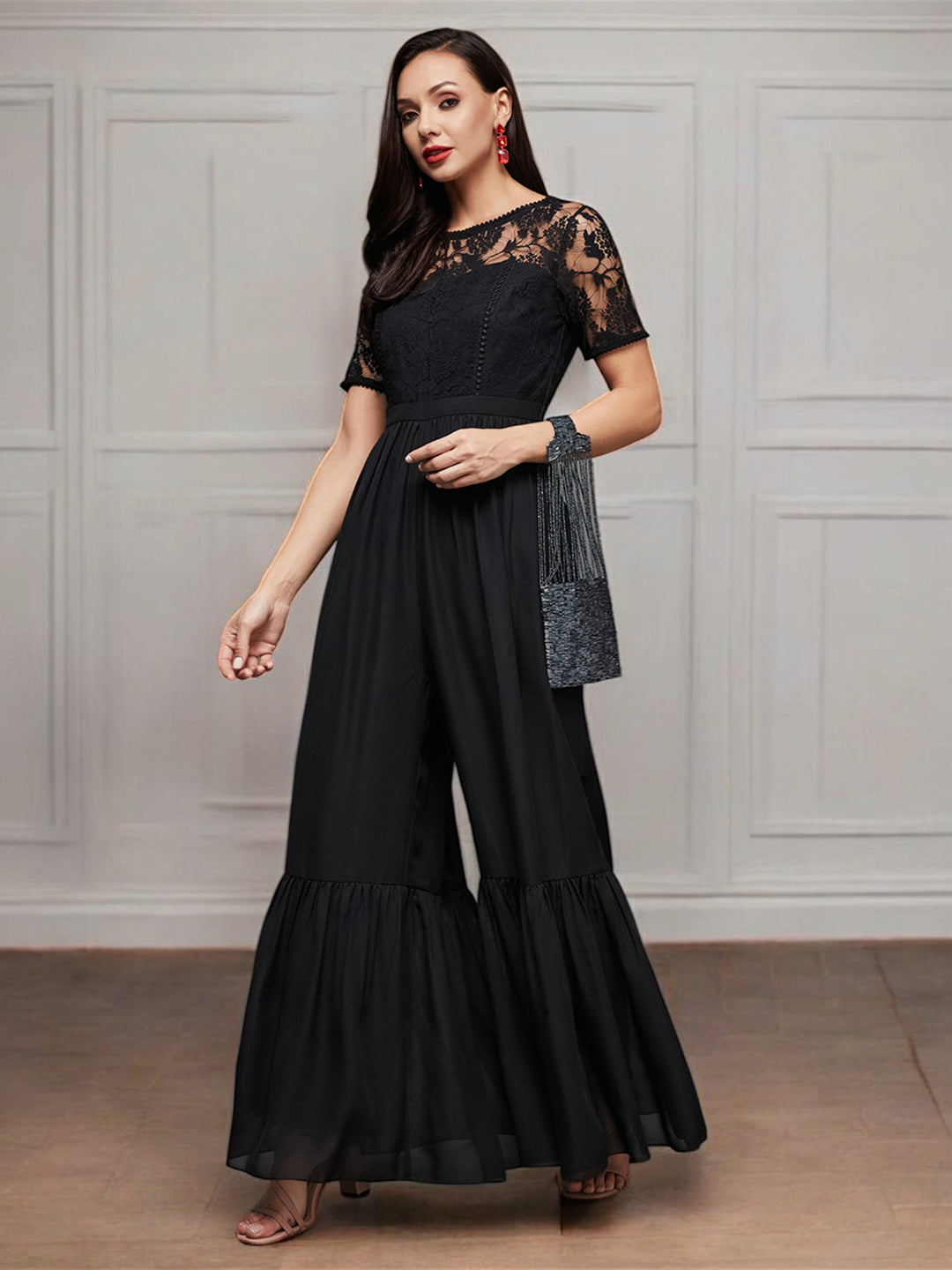 Women's Black Round Neck Short Sleeve Solid Lace Overlaid Regular Jumpsuit
