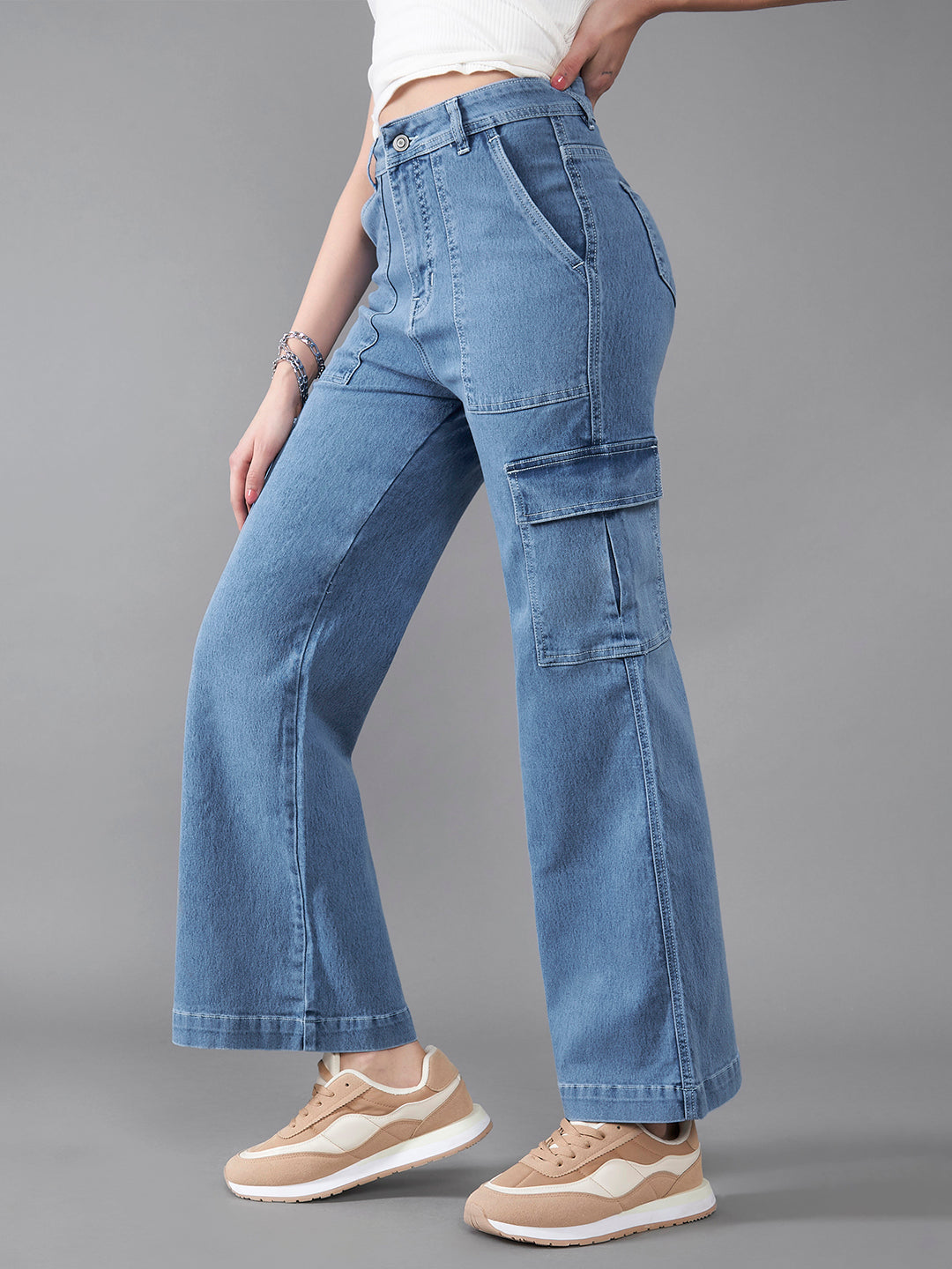 24/7 Comfort Women's Mid Blue Wide Leg High Rise Stretchable Denim Jeans