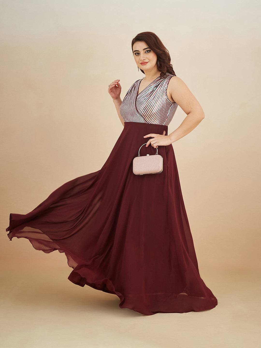 Wine V-Neck Sleeveless Embellished Wrap-Styled Maxi Georgette Dress for Women
