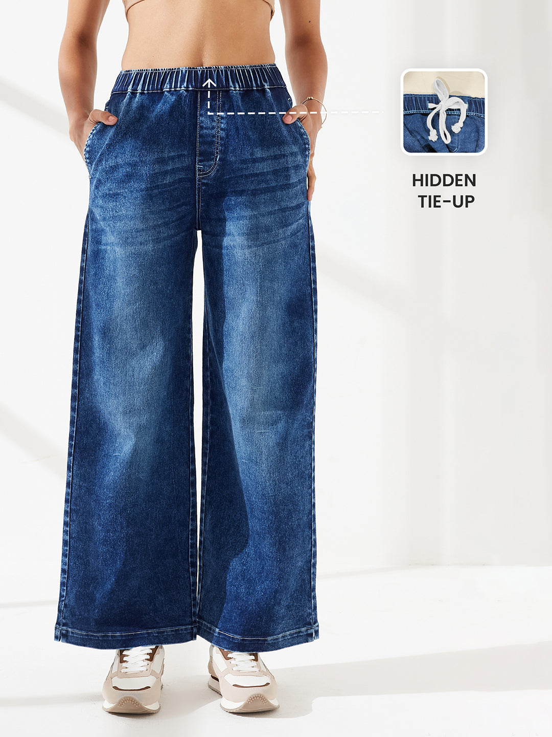 Navy Blue Wide Leg High-Rise Elasticated Waist Heavy Wash Stretchable Denim Jeans For Women