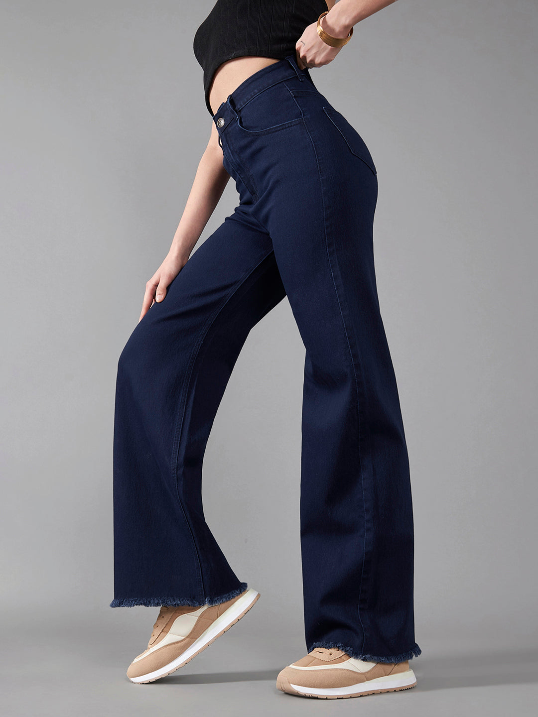 24/7 Comfort Women's Navy Blue Wide Leg High Rise Clean Look Regular Length Stretchable Denim Jeans