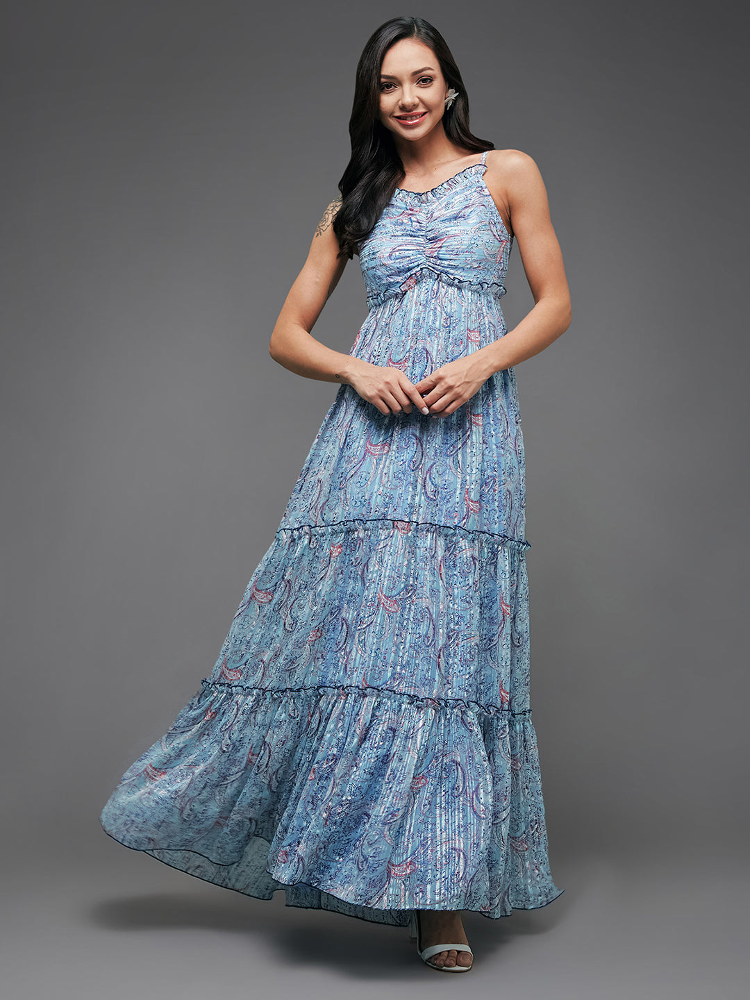 Women's Multicolored-Base-Sky Blue Sweetheart Neckline Adjustable Shoulder Strap Paisley Patterned Tiered Maxi Georgette Dress