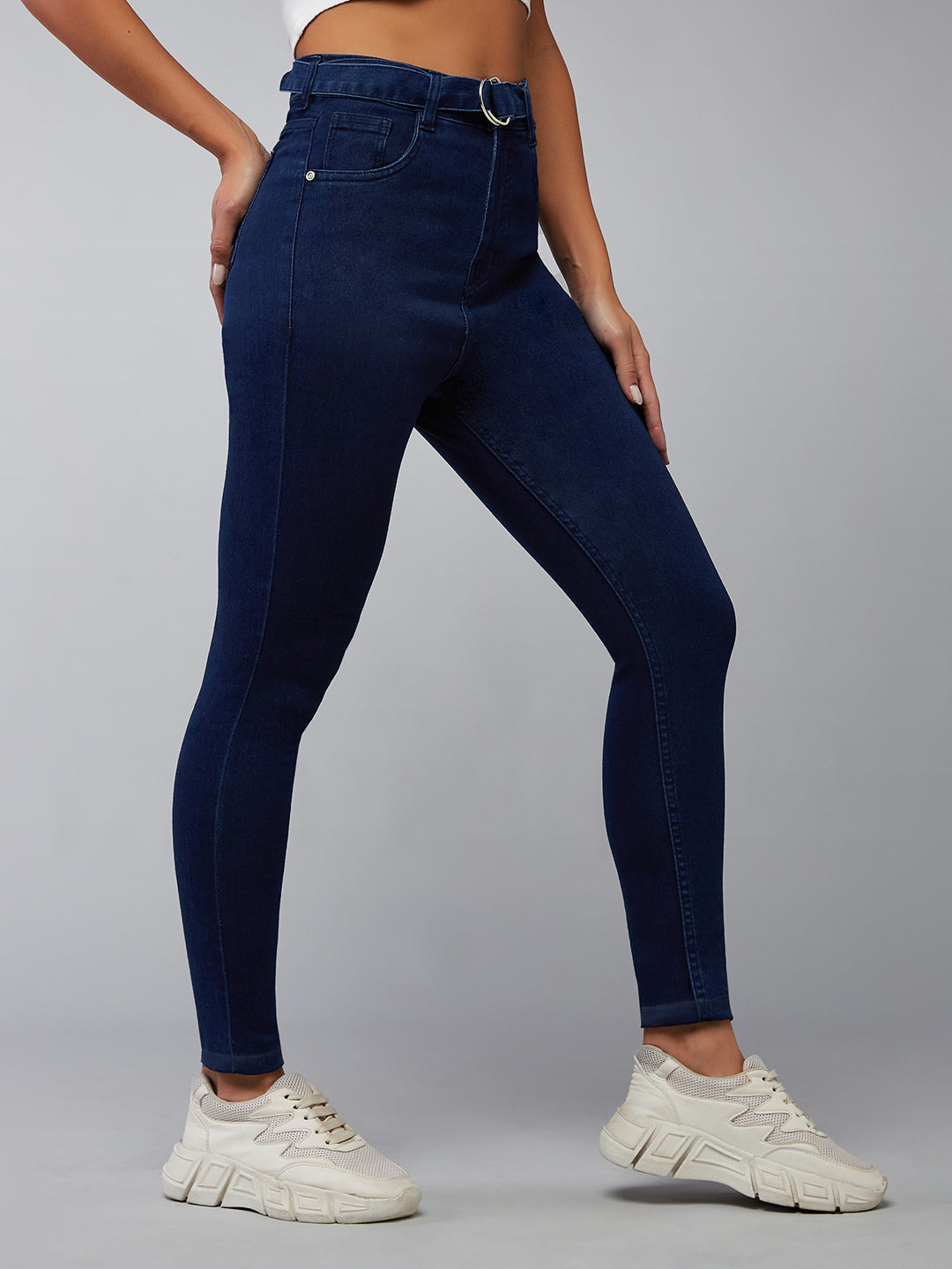 Women's Navy Blue Cotton Skinny Fit Relaxed High Rise Regular Length Stretchable Denim Jeans