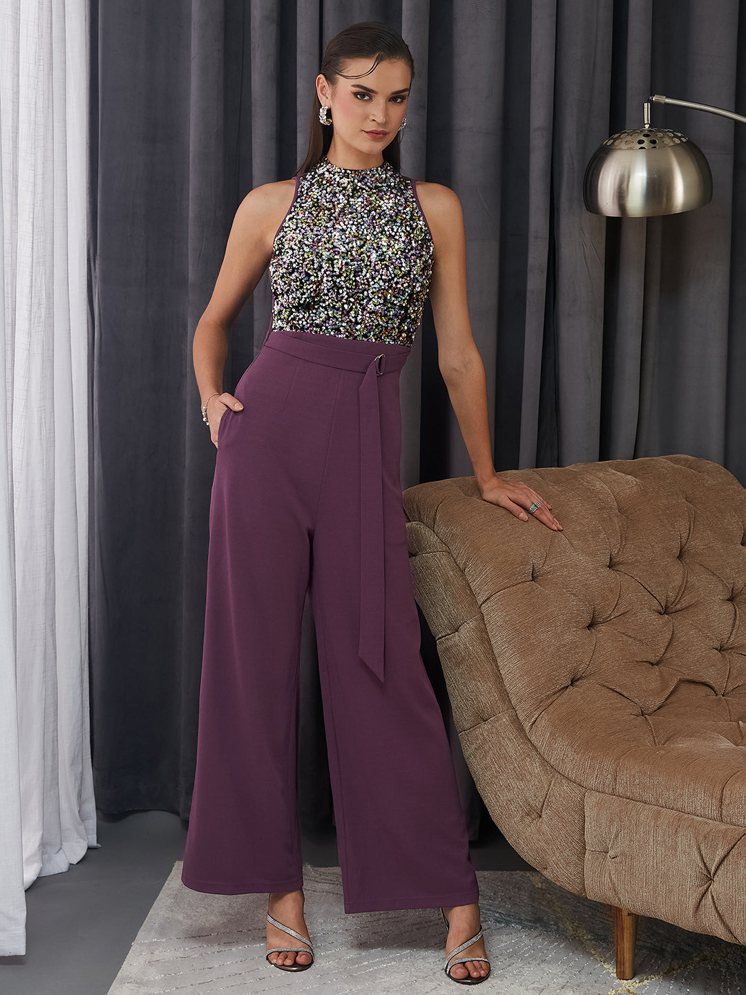 Women's Multicolored Base Lavender Sleeveless Embellished Halter Neck Regular Jumpsuit