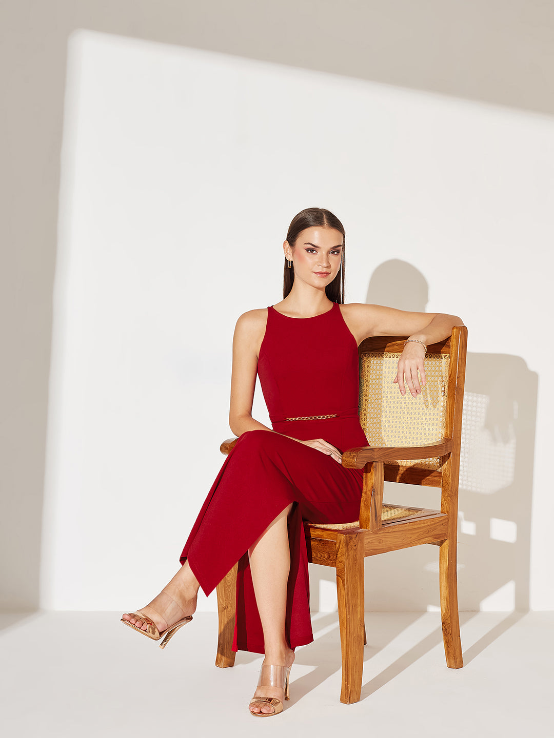 Women's Cherry Red Solid Slim Fit Round Neck Sleeveless Maxi Dress