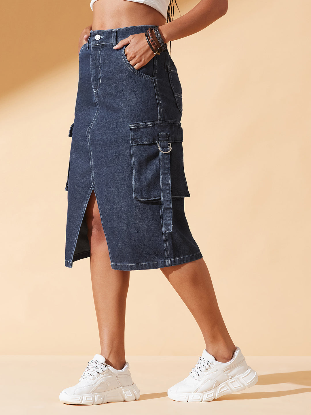 Navy Blue Straight High-Rise Midi Denim Skirt for Women