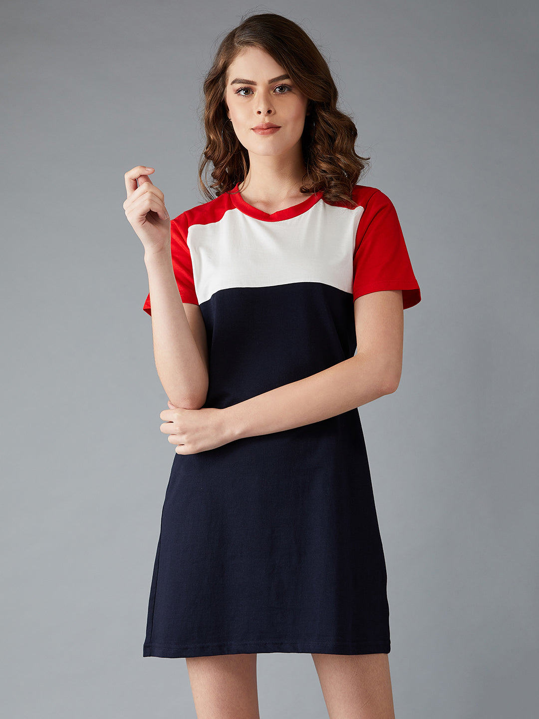 Women's Navy Blue, White, Red Round Neck Short Sleeve Solid Paneled Mini Dress