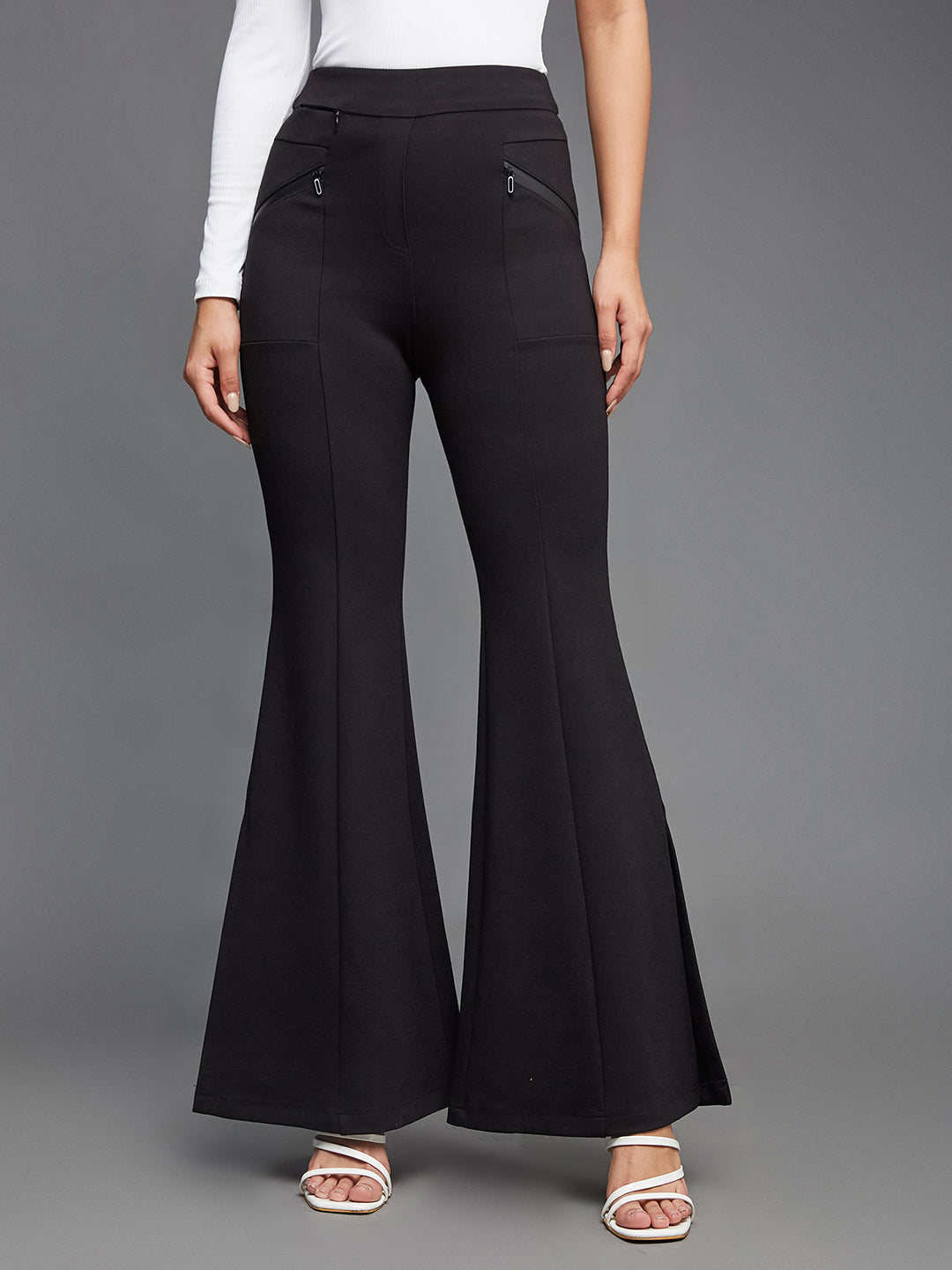 Women's Black Viscose Solid Side Slit Bootcut Regular  Trouser