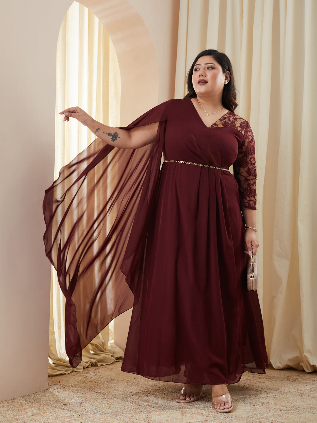 Wine V-Neck Three-Quarter Sleeve Self-Designed Asymmetric Georgette Maxi Dress for Women