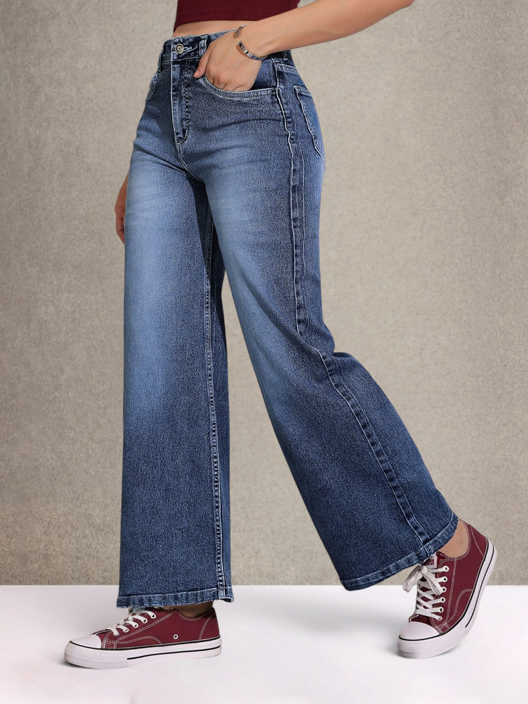 Light Blue Wide-Leg High-Rise Stretchable Denim Jeans for Women