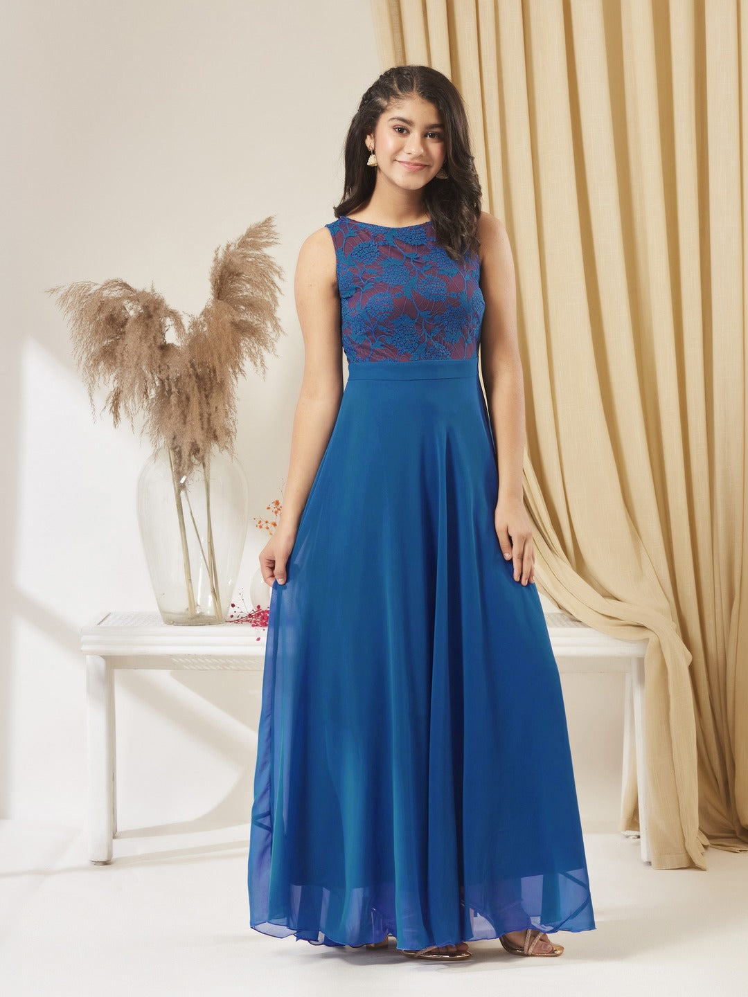 Royal Blue Round Neck Sleeveless Georgette Floral Lace Fit & Flare Maxi Dress for Girls/Teenagers