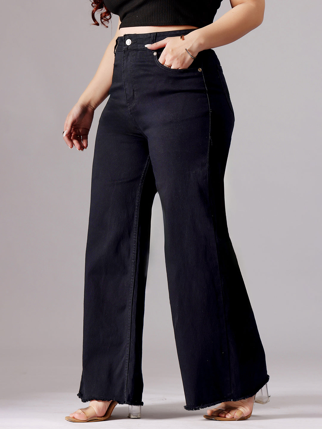 Women's Black High-Rise Clean-Look Stretchable Wide-Leg Denim Jeans