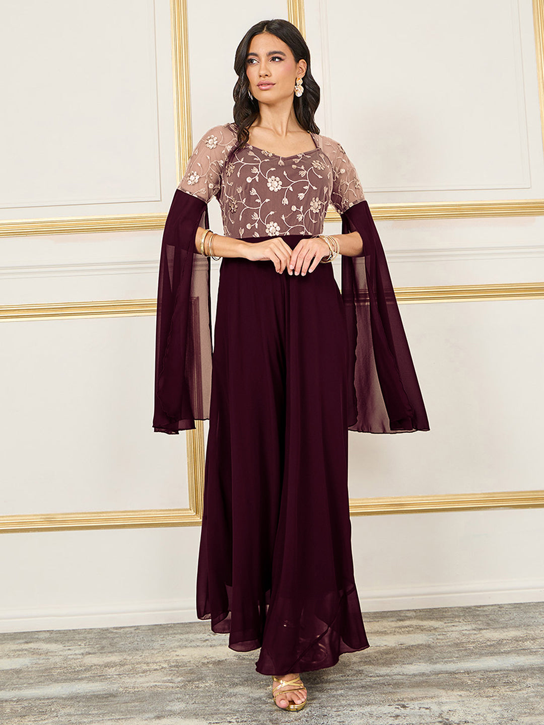 Women's Wine V-Neck Flared Long-Sleeves Embroidered Fit & Flare Maxi Dress