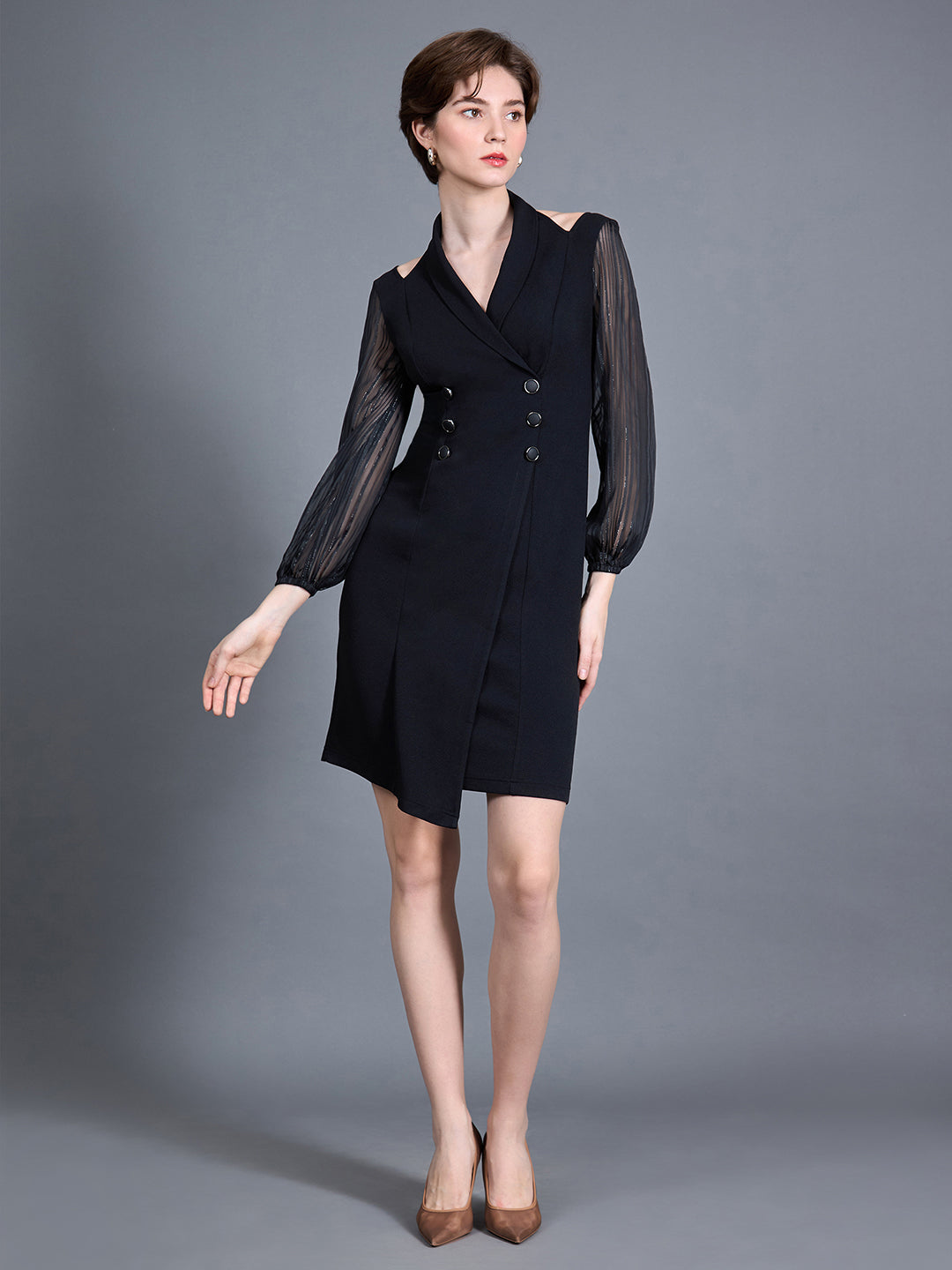 Women's Black Shawl Collar Bishop Sleeves Solid Double Breasted Knee Length Dress