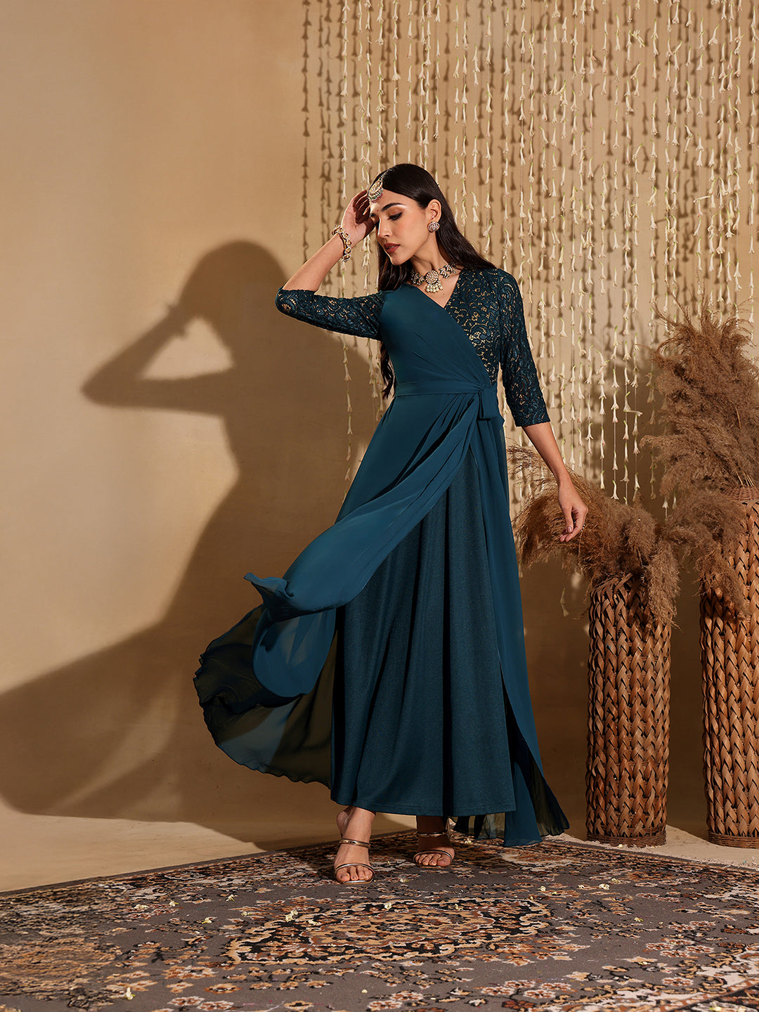 Women's Teal V-Neck 3/4 Sleeve Self-Designed Wrap-Styled Georgette Maxi Dress