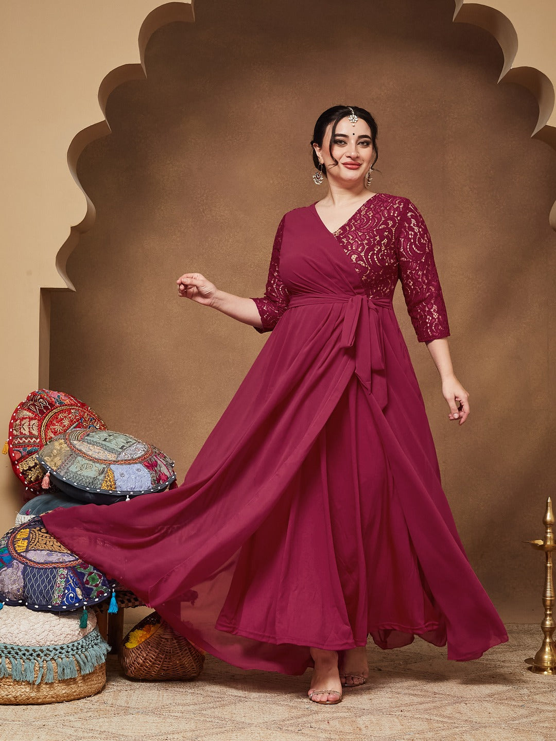 Dark Pink Colored V-Neck Three-Quarter Sleeve Self-Designed Wrap Maxi Georgette Dress for Women