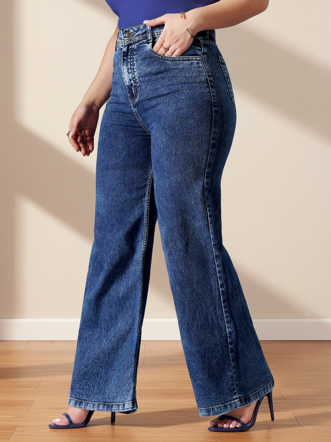 Mid Blue Wide-Leg High-Rise Stretchable Denim Jeans for Women