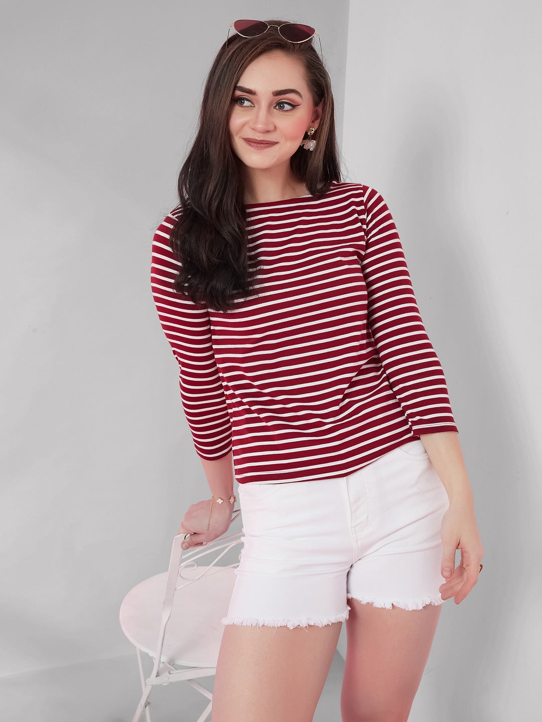 Maroon & White Boat Neck 3/4 Sleeve Cotton Striped Top for Women