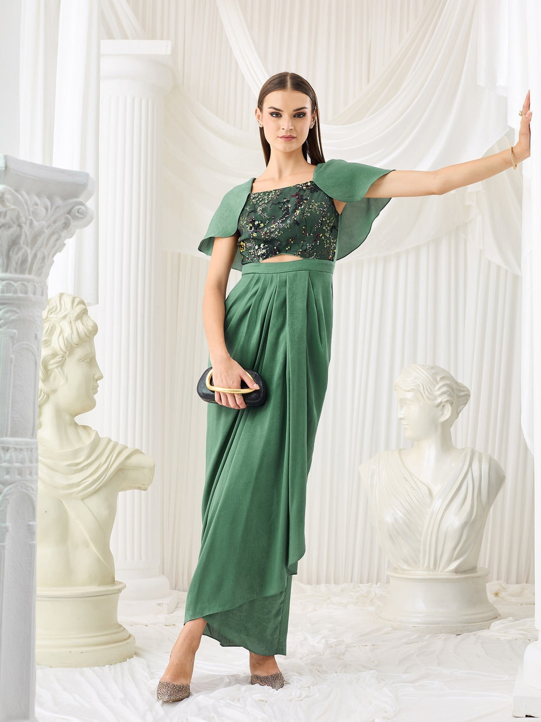 Siege Green Sweetheart-Neck Cape Embellished Draped Satin Maxi Dress for Women
