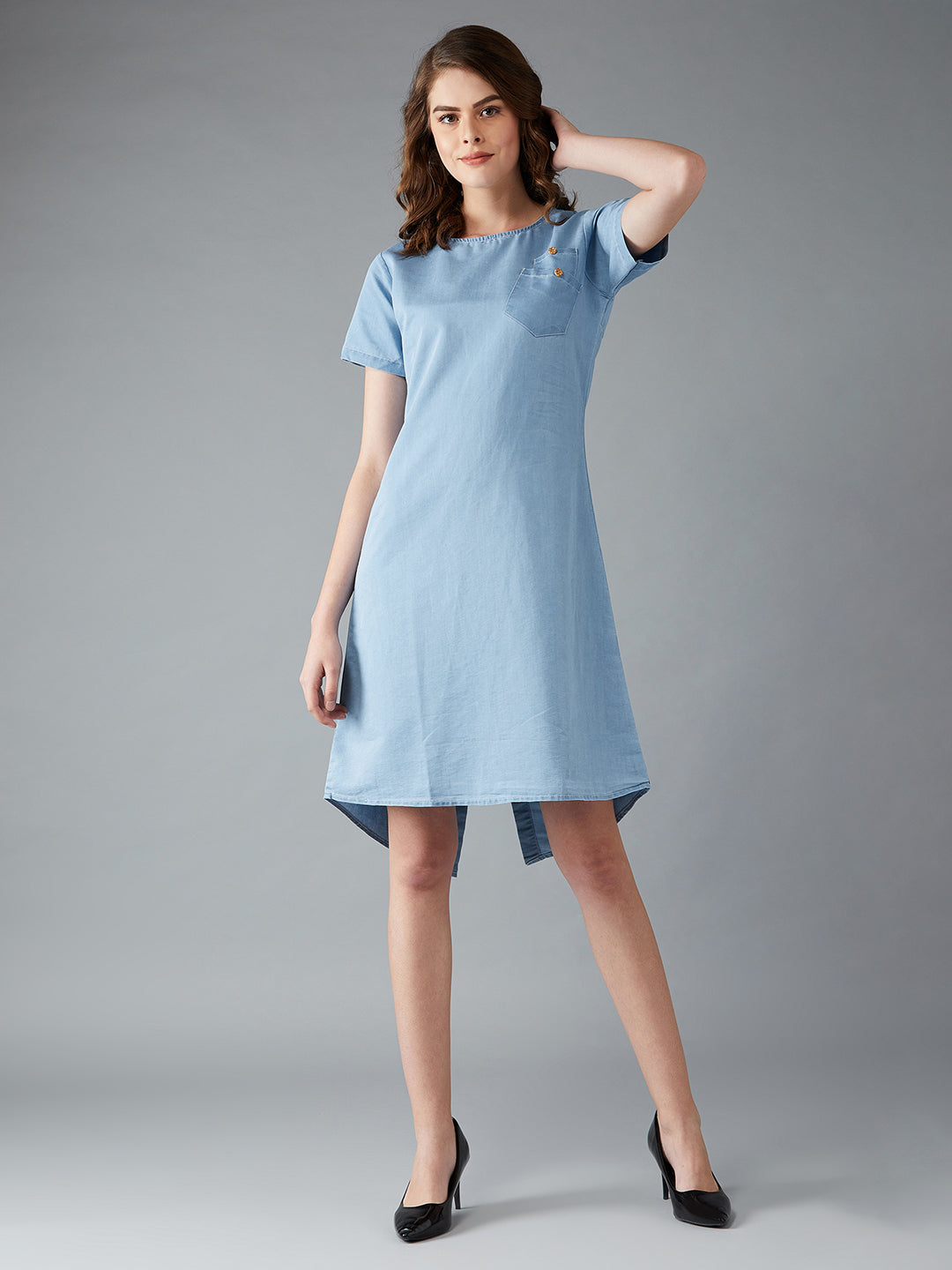 Women's Light Blue Round Neck Half Sleeve Cotton Solid Cut-Out Buttoned Knee-Long Denim Dress